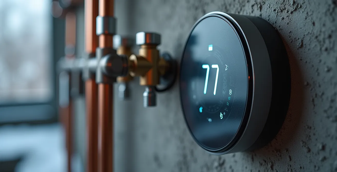 Close-up of smart thermostat and water valve system in a Montreal basement