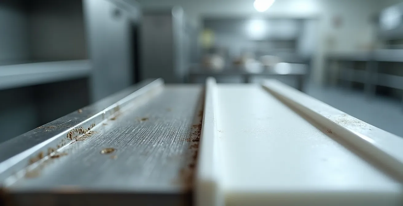 Close-up comparison of stainless steel and polyethylene grease trap materials showing texture and durability