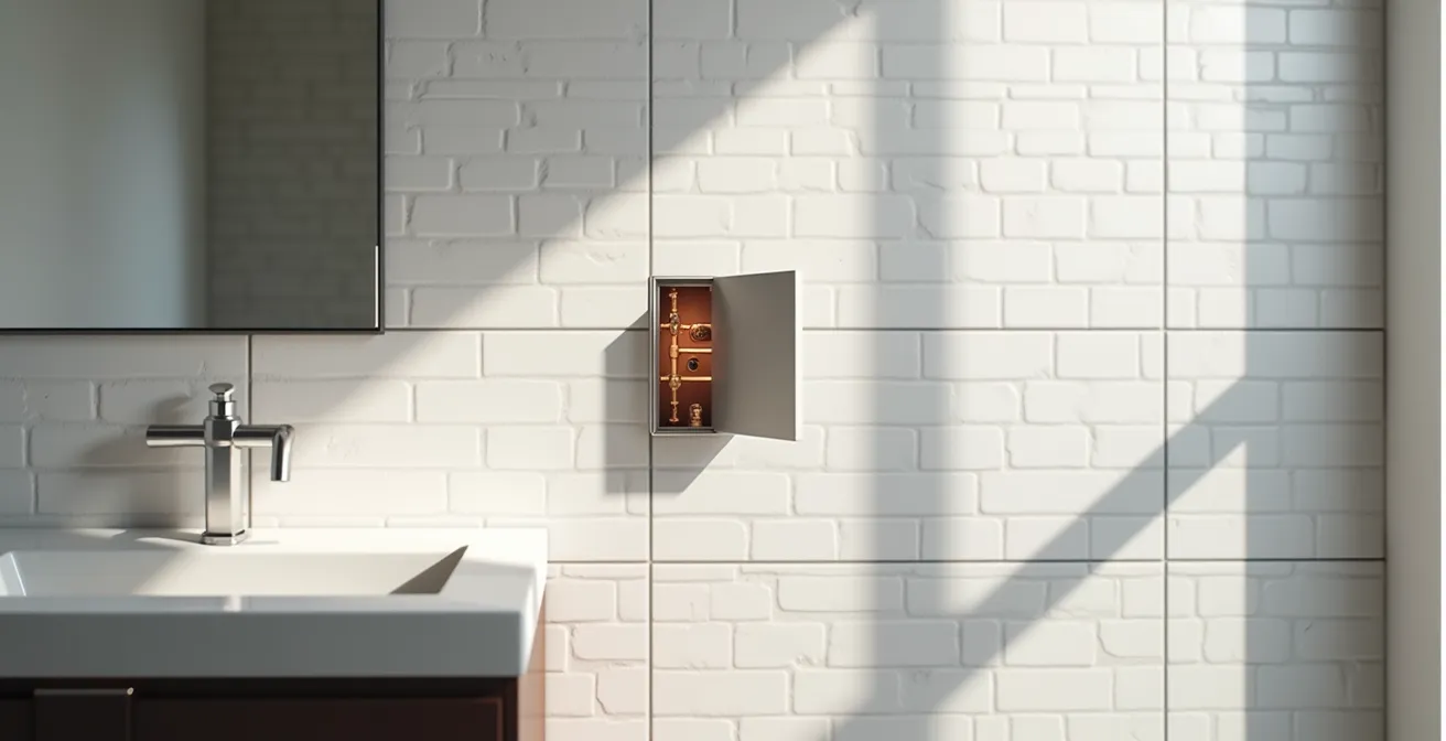 Modern flush-mount access panel integrated into contemporary bathroom wall