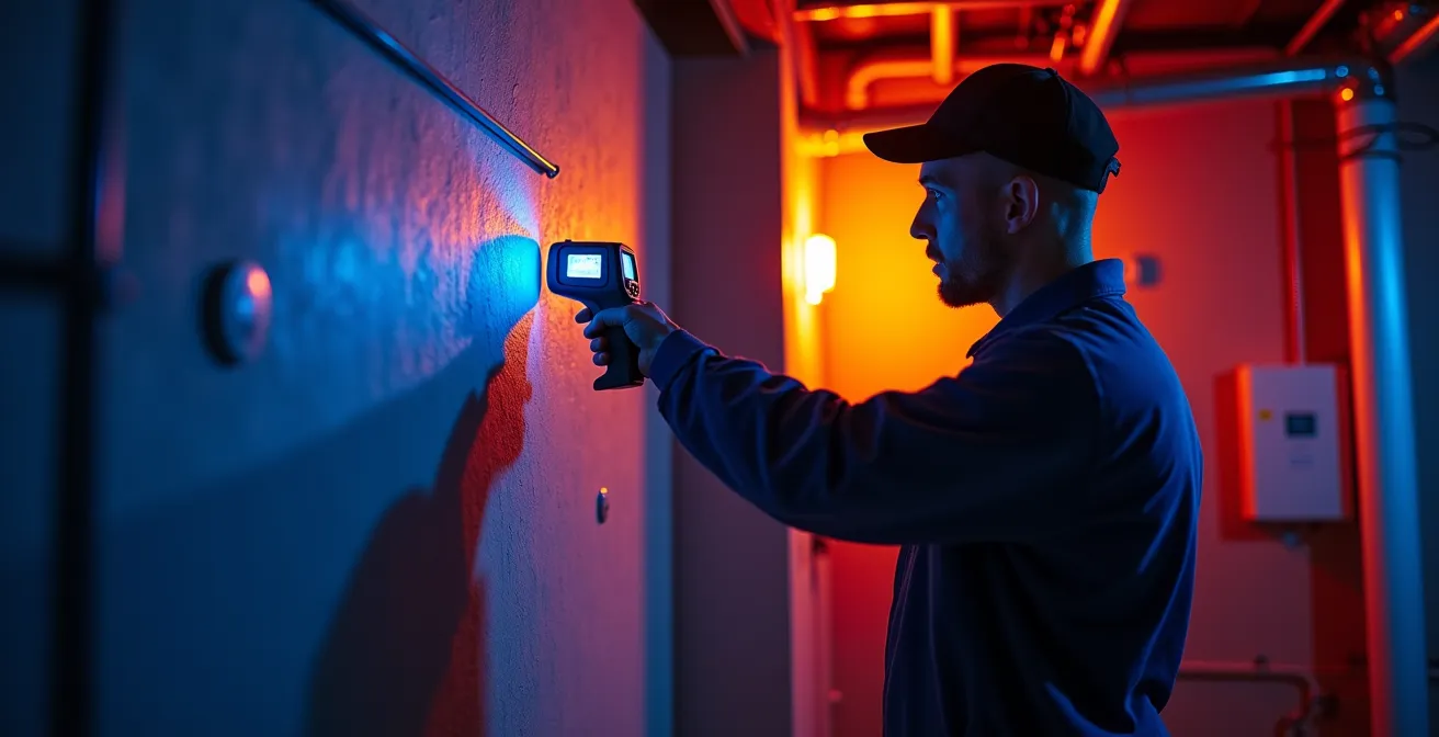 Thermal imaging perspective showing temperature variations in a plumbing wall