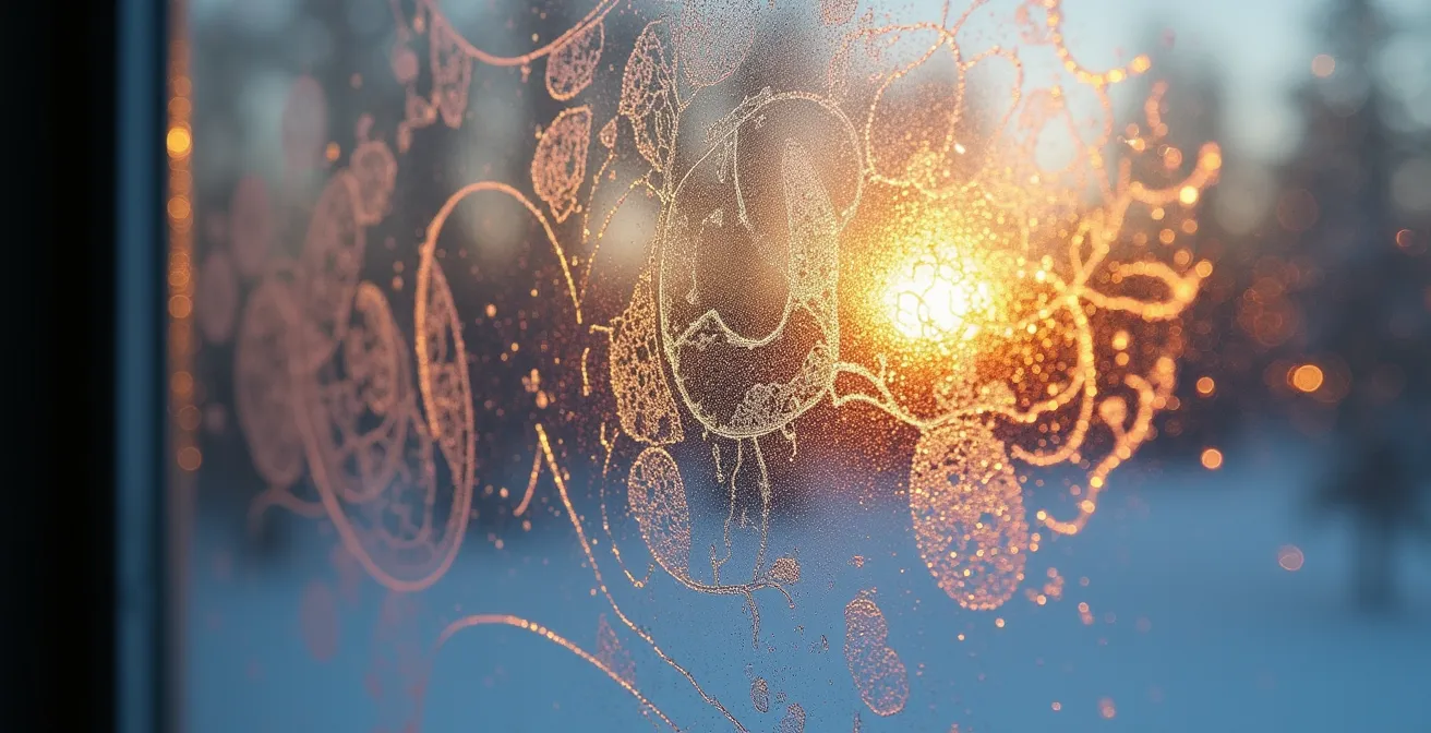 Thermal imaging visualization of heat escaping from a Montreal duplex in winter, showing red and yellow spots on windows and roofline.