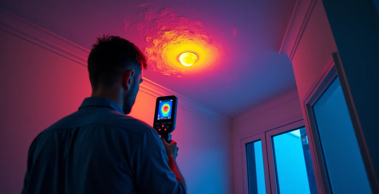 Thermal imaging camera detecting water damage in Montreal condominium ceiling