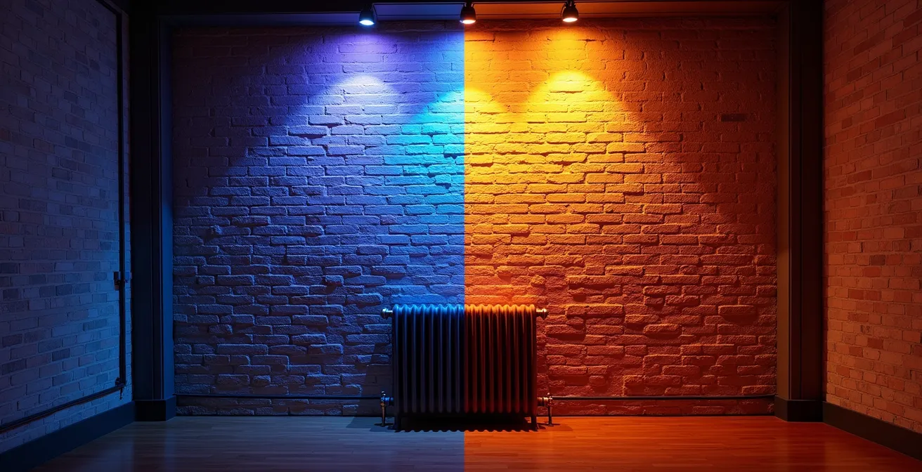 Thermal camera view showing temperature anomalies in exterior wall insulation