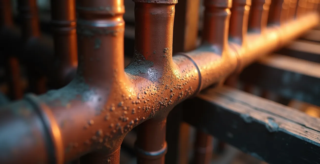 Detailed view of uninsulated hot water pipes in a basement showing heat radiation