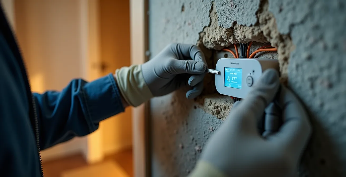 Close-up of thermostat installation on interior wall of Quebec triplex