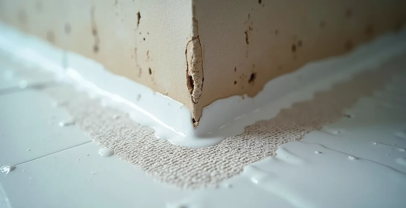 Detailed view of waterproofing membrane application in shower corner with reinforcing fabric