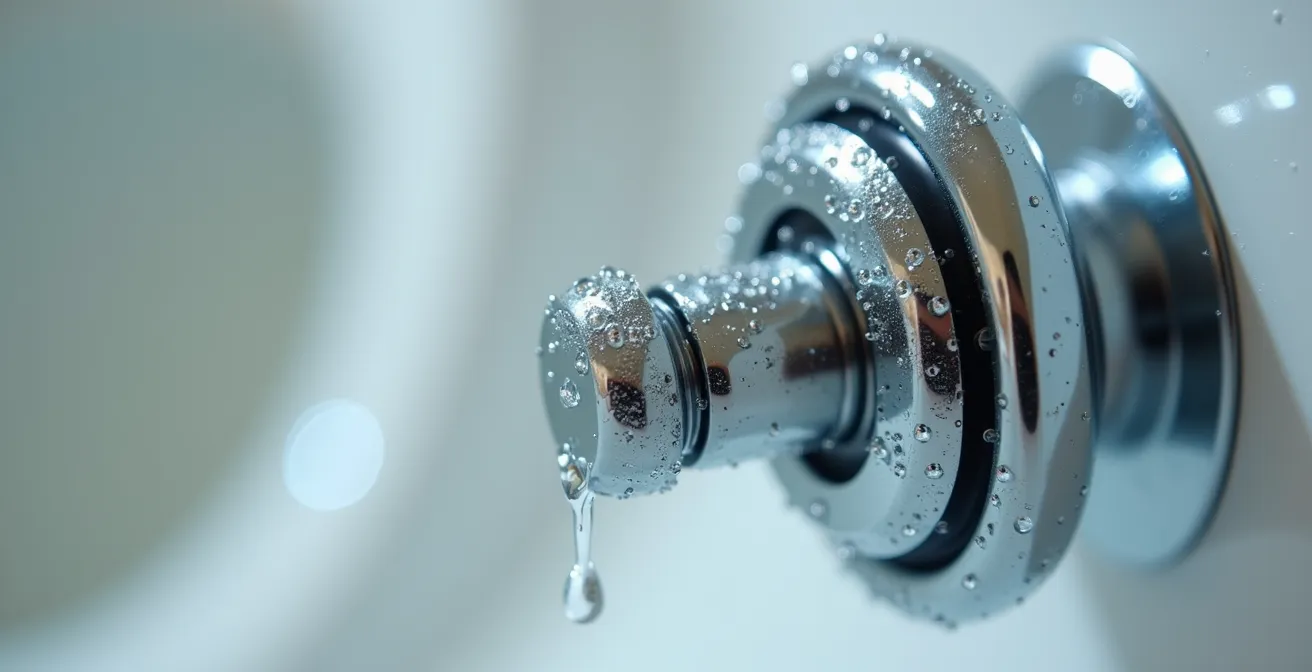 Macro view of toilet flush valve adjustment mechanism showing water level indicators