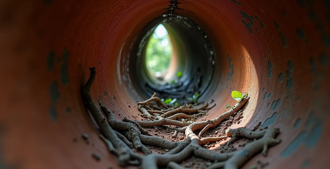 Macro close-up of tree roots penetrating through cracks in an old clay sewer pipe underground
