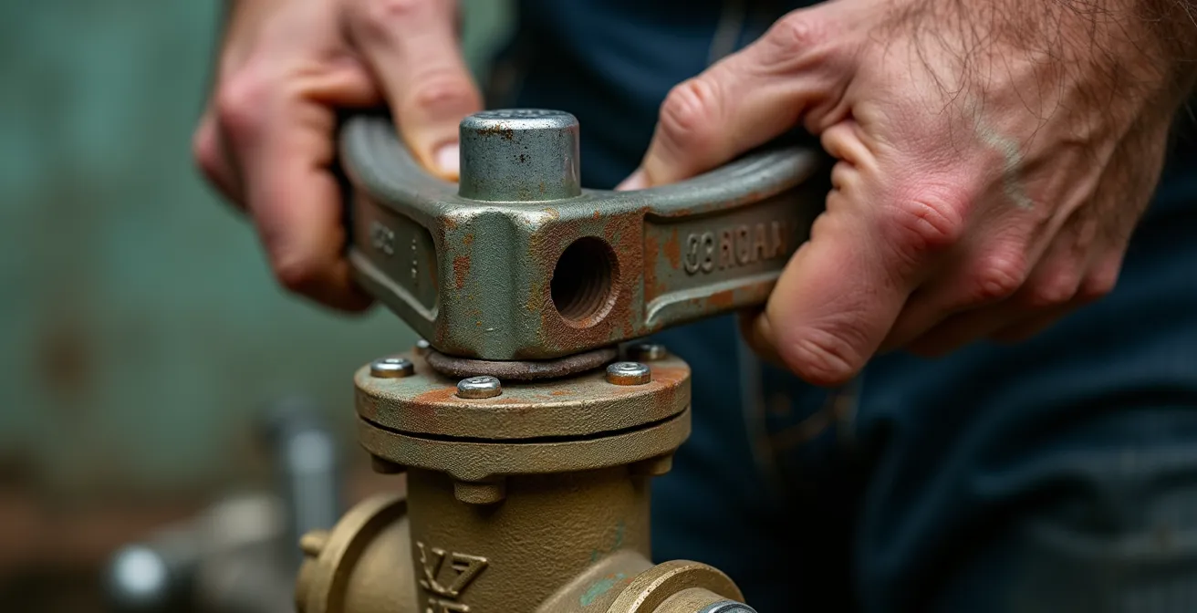 Hands demonstrating two-wrench technique on seized water valve