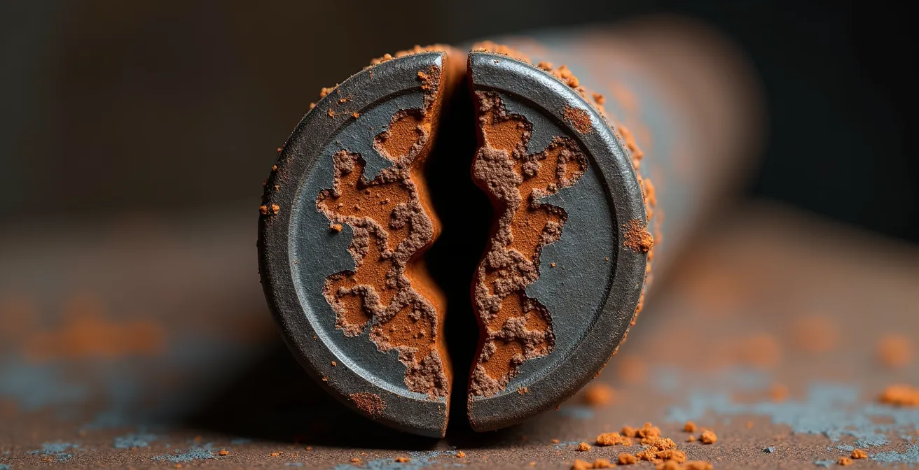 Close-up cross-section of cracked cast iron pipe showing internal corrosion patterns