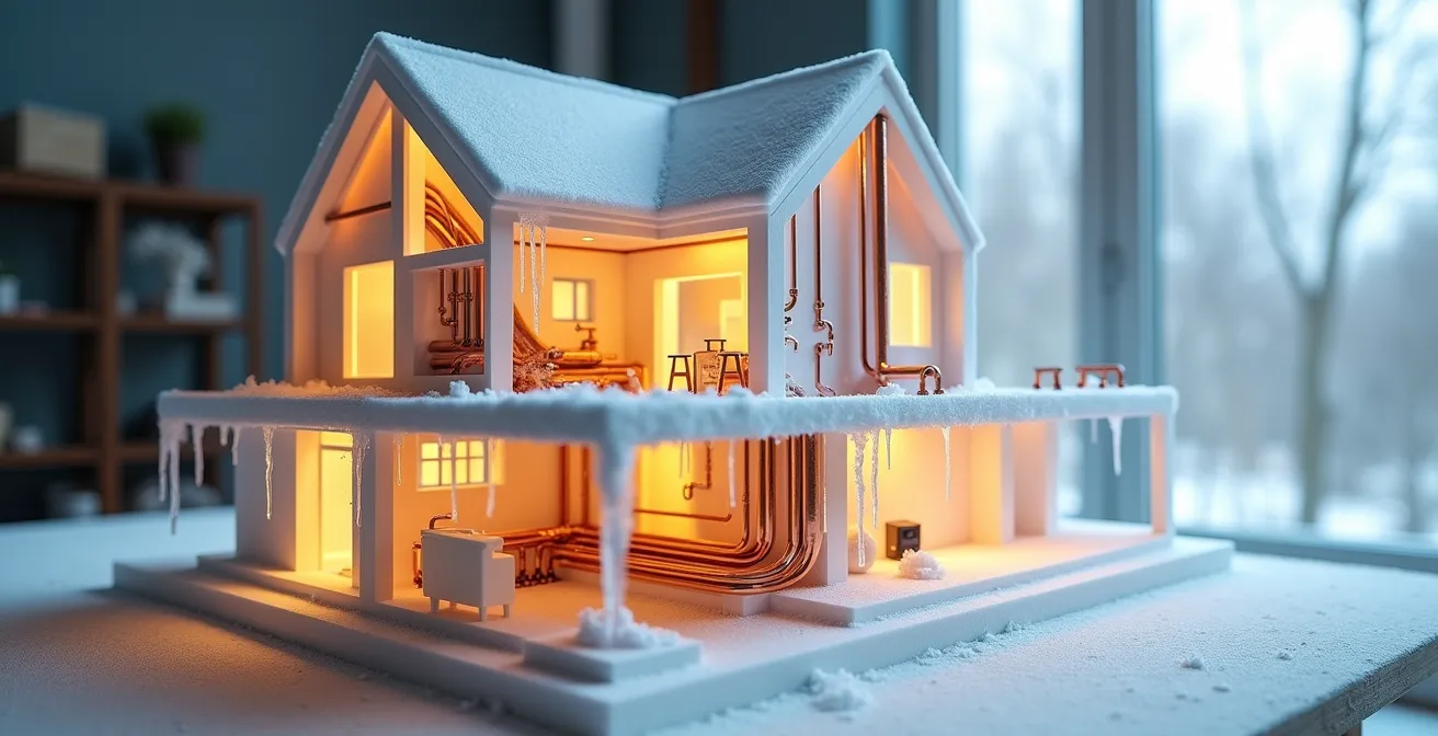Architectural cross-section showing grouped plumbing zones in Quebec luxury home