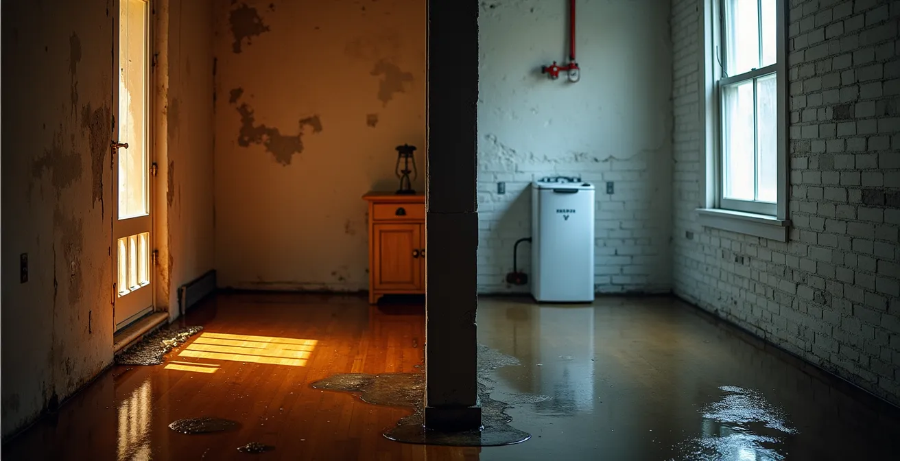 Split view comparison of water damage scenarios with and without automatic shutoff valve