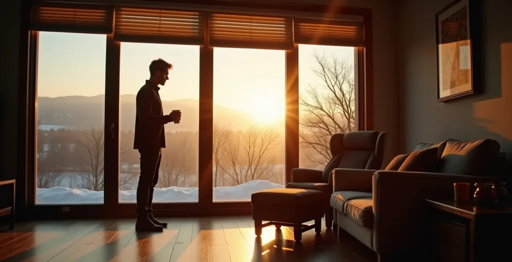 South-facing Montreal home windows with automated blinds capturing winter sunlight South-facing Montreal home windows with automated blinds capturing winter sunlight